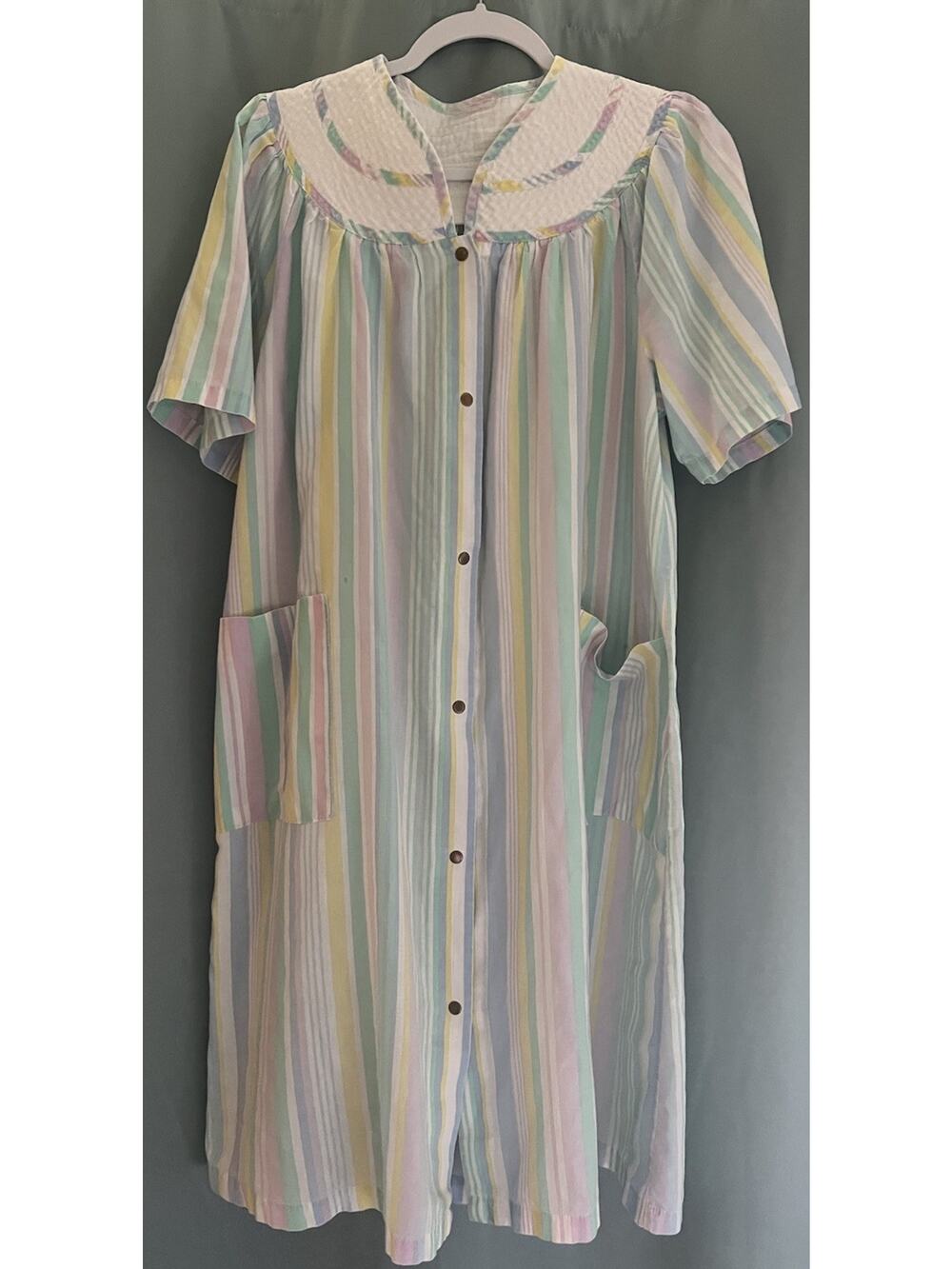 Vintage 1980’s "National" Stripe House Coat MuMu Robe Quilted Top M L